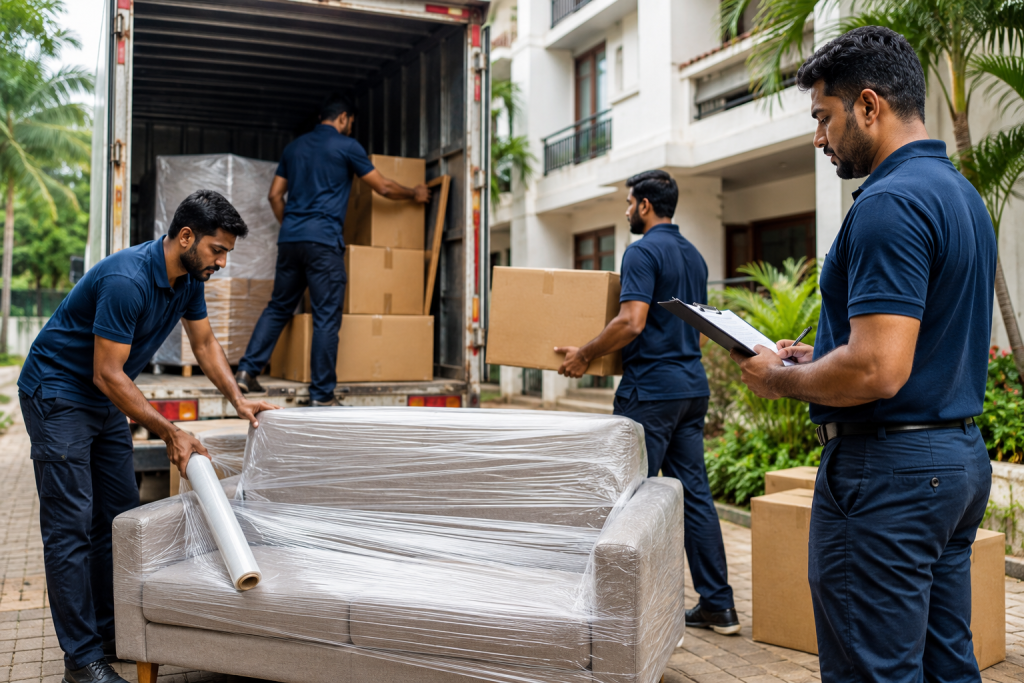 Professional packers and movers wrapping a sofa and loading boxes outside a Kochi apartment