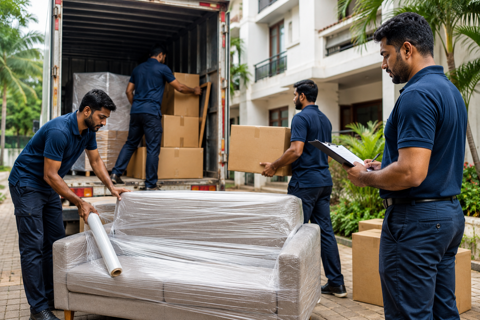 Professional packers and movers wrapping a sofa and loading boxes outside a Kochi apartment