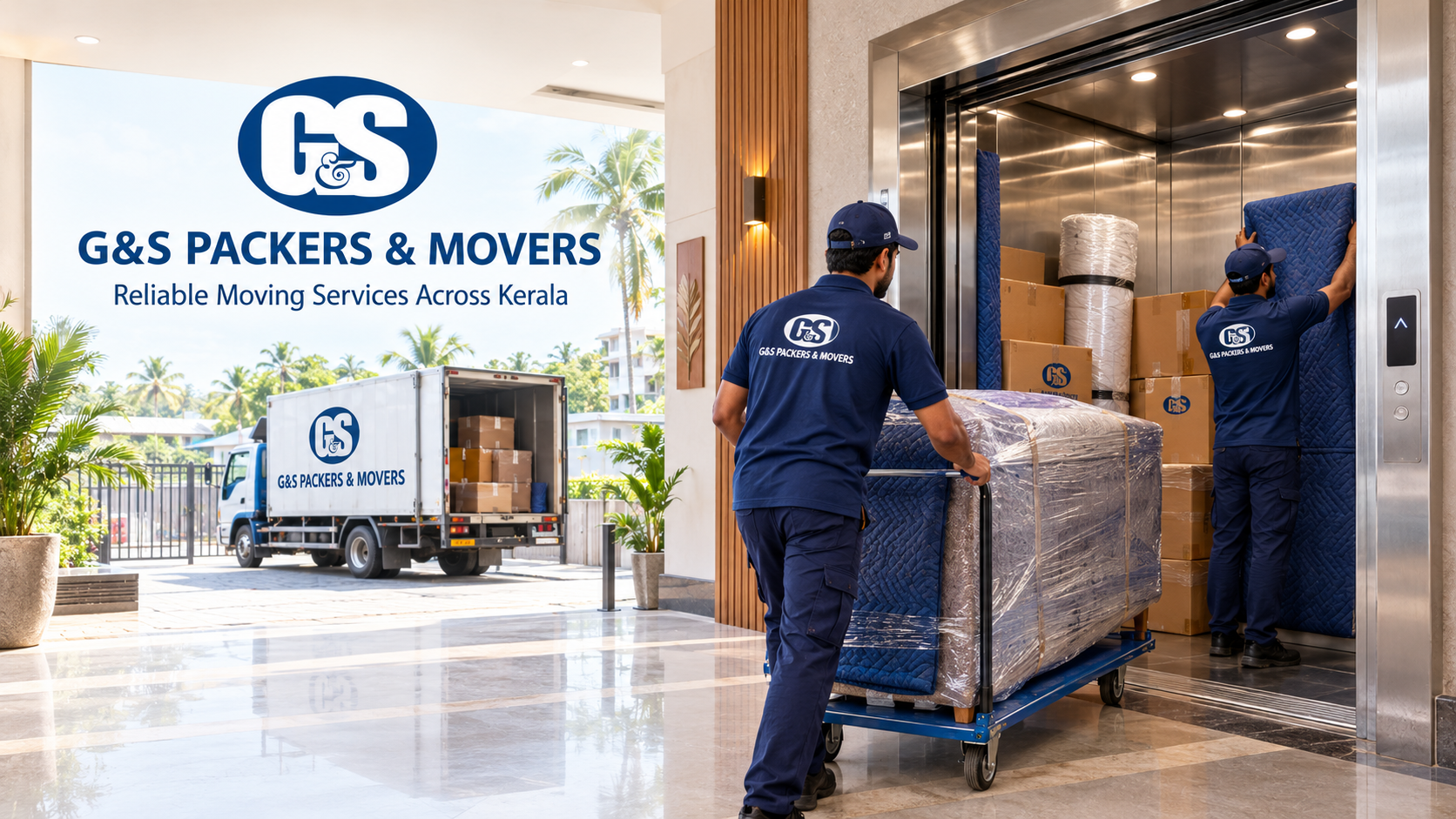 Movers loading furniture into a service lift during high-rise apartment moving in Kochi