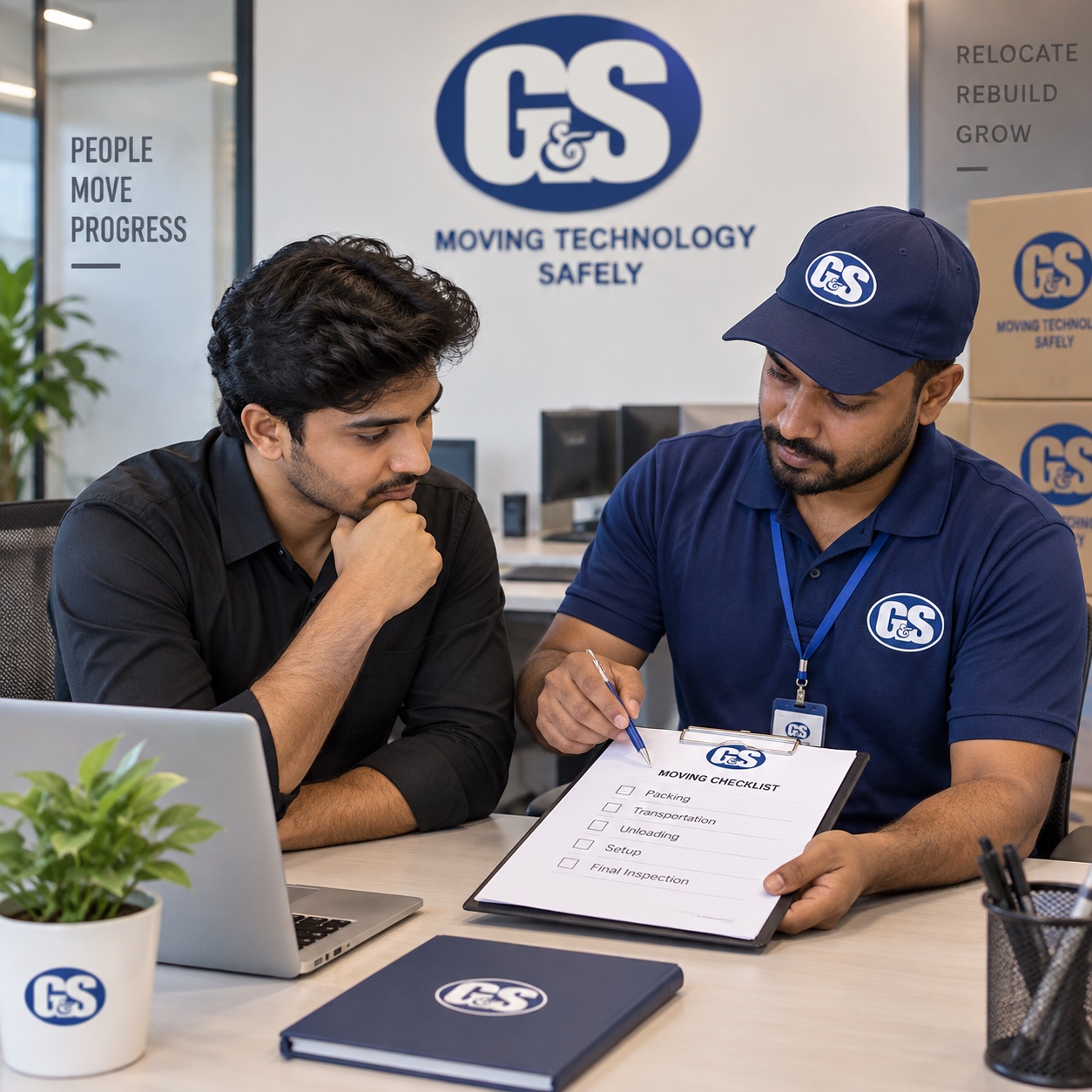 Relocation coordinator discussing a moving timeline with an Ernakulam business