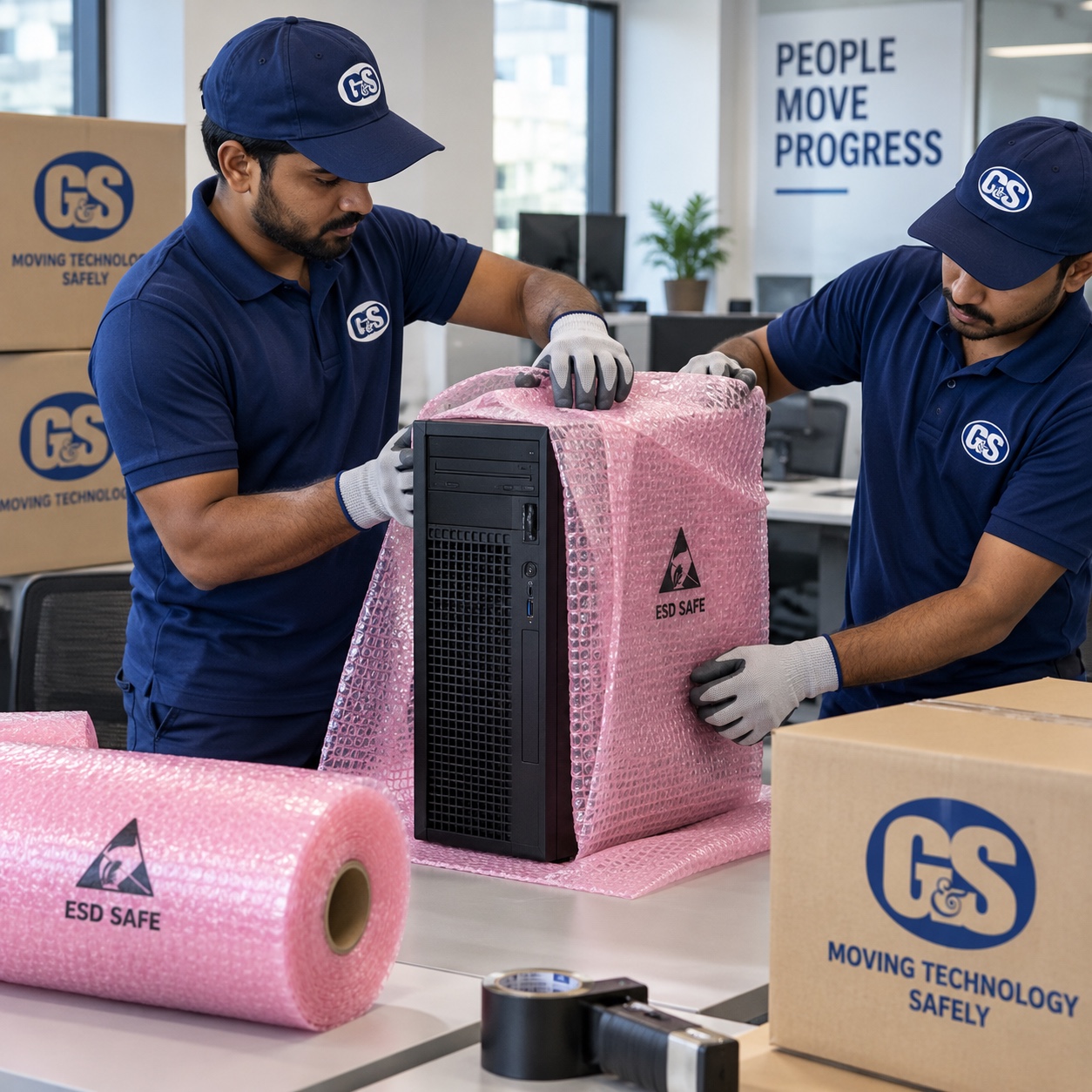 Movers carefully packing IT equipment as part of corporate relocation packages in Ernakulam