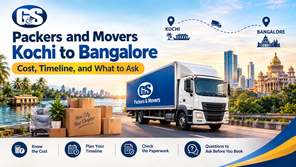 A loaded moving truck departing from a Kochi residence for a long-distance trip.